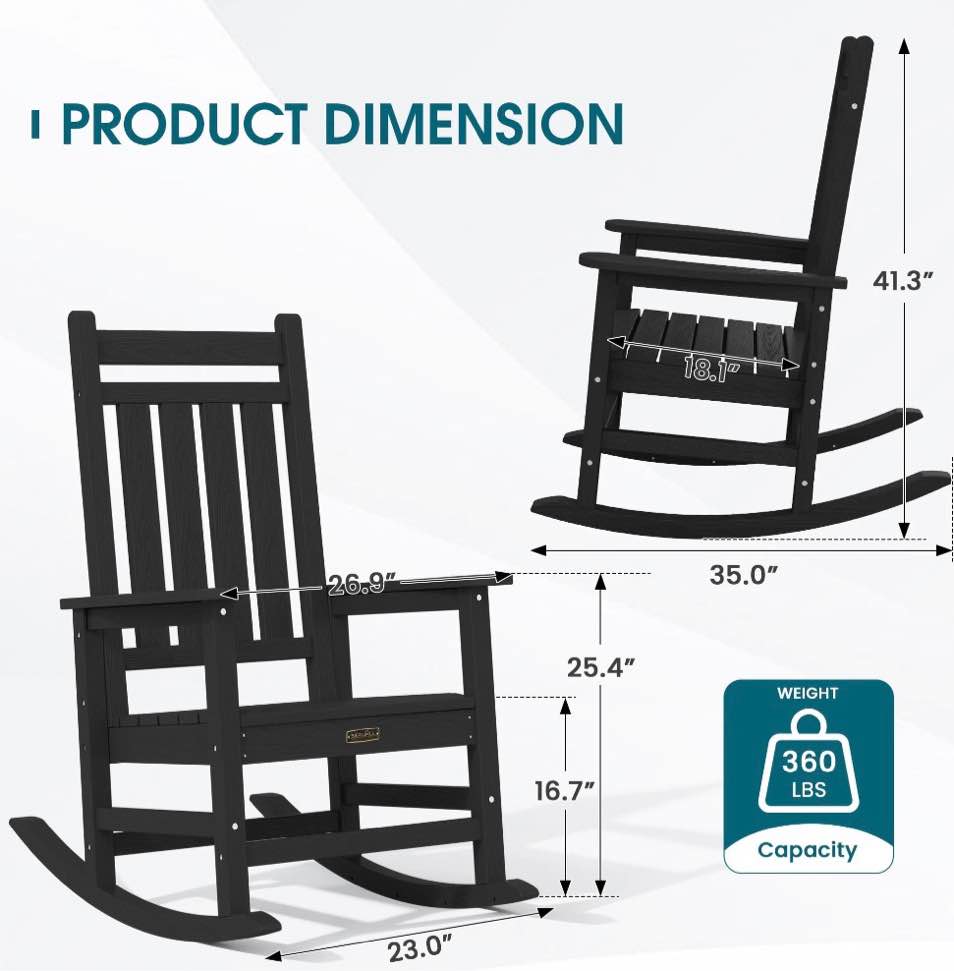 Condition photo showing New/Like New for serwall outdoor rocking chair set of 2, hdpe patio rocker for lawn, porch, black