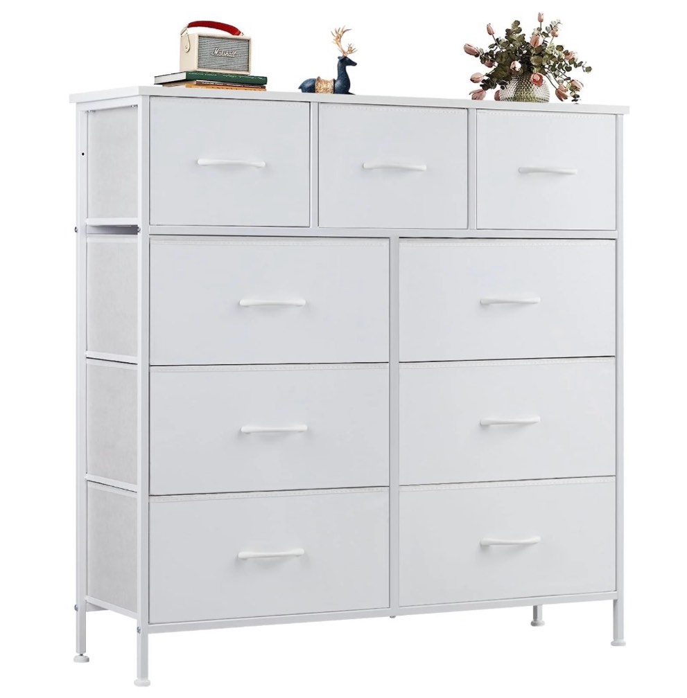 edx fabric storage dresser with 9 drawers, steel frame and wooden top for bedroom, closet and entryway , white