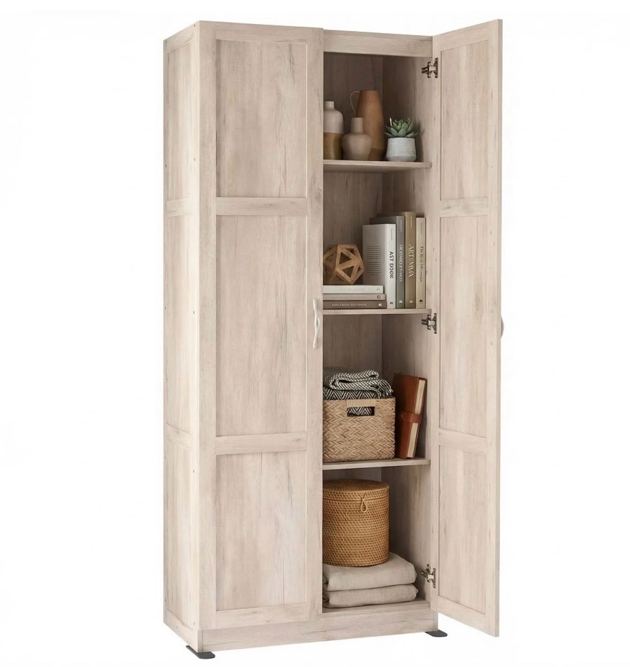 Condition photo showing New/Like New for concetta 71 inch wooden storage cabinet, freestanding cupboard, 4-tier home organizer for kitchen, living room, bedroom, pantry, beige