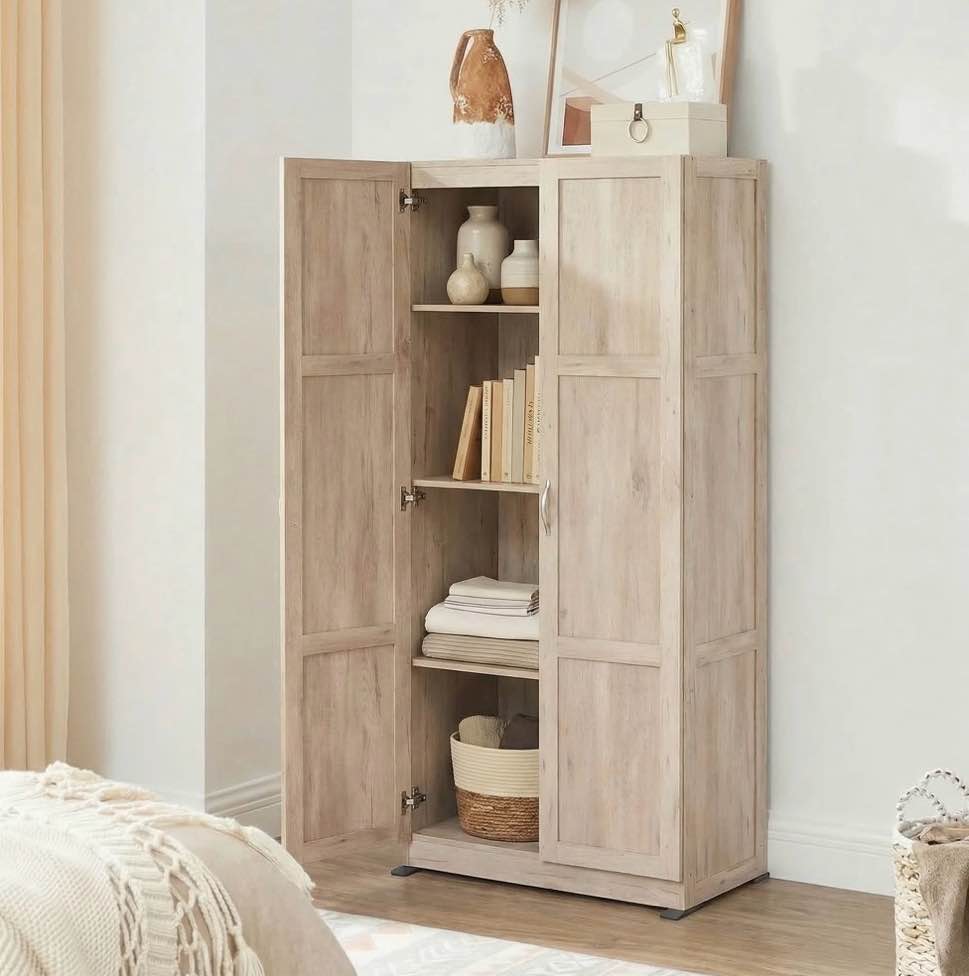 concetta 71 inch wooden storage cabinet, freestanding cupboard, 4-tier home organizer for kitchen, living room, bedroom, pantry, beige