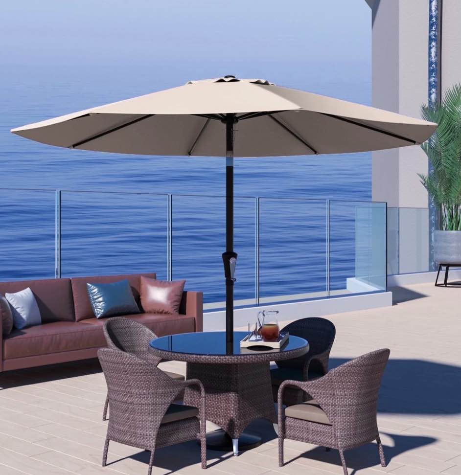 justlet 9ft outdoor market patio umbrella with 8 reinforced steel ribs crank lift push button tilt uv-resistant windproof & waterproof – beige