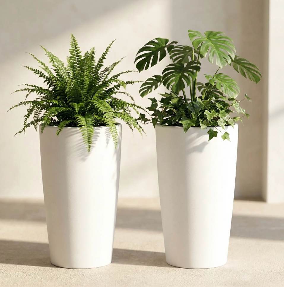 snugniture set of 2 round 22-inch tall planters, white – large indoor/outdoor pots with drainage, matte frosted finish