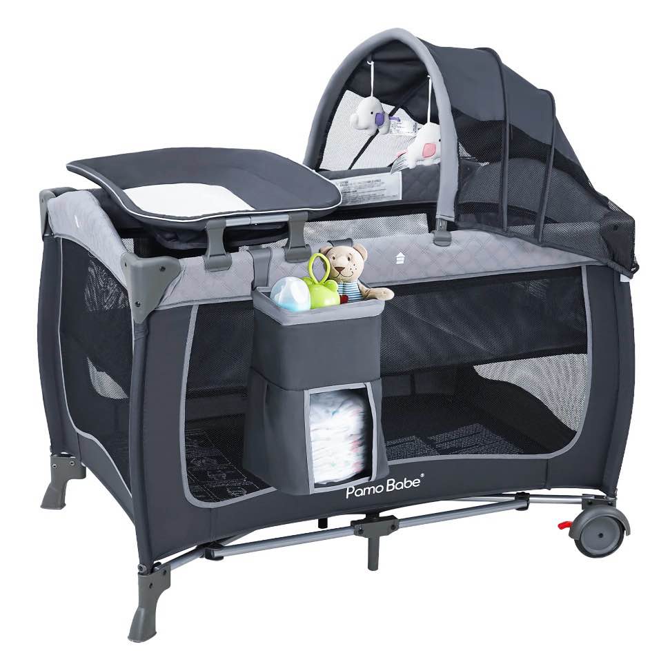 pamo babe unisex portable baby play yard include wheels, canopy, changing table for newborn(grey)