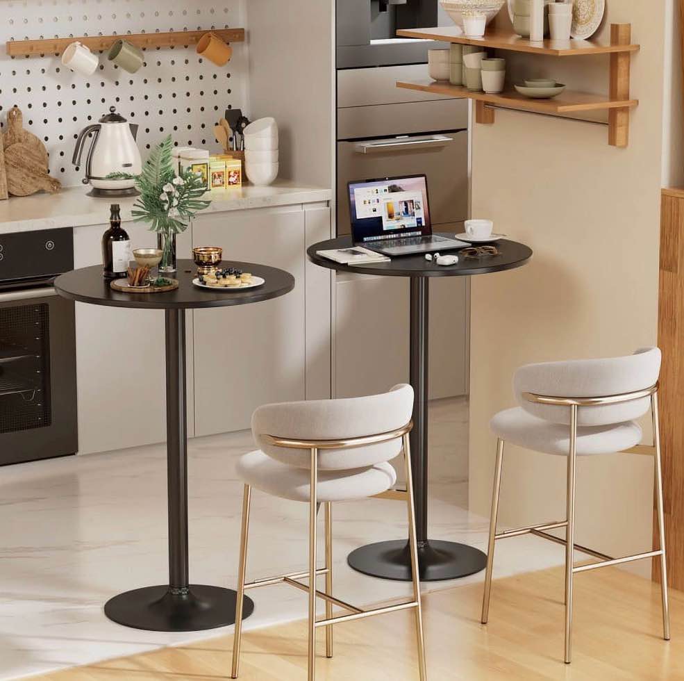 Condition photo showing New/Like New for homall 2-pieces bistro pub table round bar height cocktail table metal base mdf top obsidian table with black leg 23.8-inch top, 39.5-inch height, black