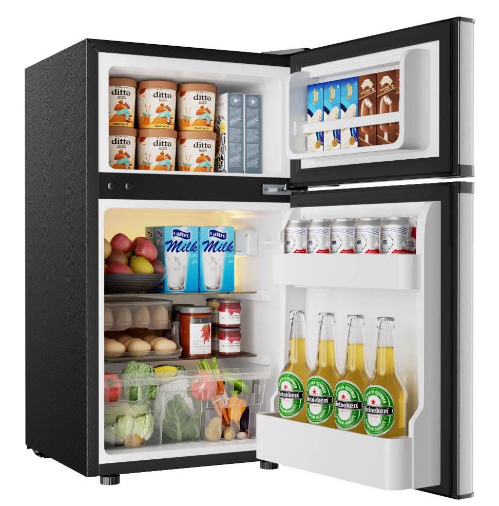 simzlife 3.2 cu ft two door mini refrigerator with freezer  compact small fridge adjustable removable shelves  sliver