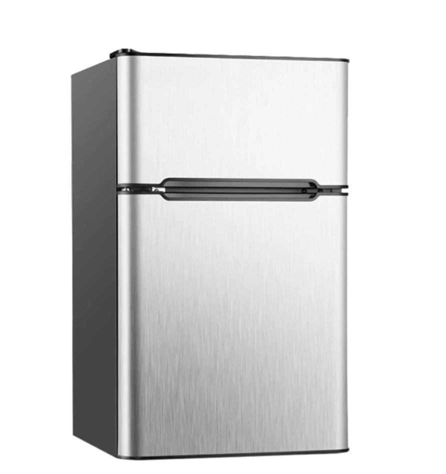 Condition photo showing New/Like New for simzlife 3.2 cu ft two door mini refrigerator with freezer  compact small fridge adjustable removable shelves  sliver