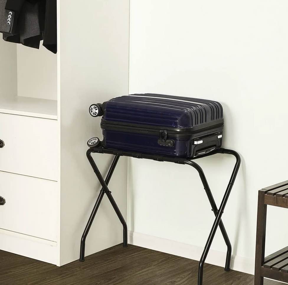 ktaxon portable folding metal luggage rack with nylon belts suitcase stand holder shelf space saving easy to install for travel  home  hotel  guest room  bedroom - black