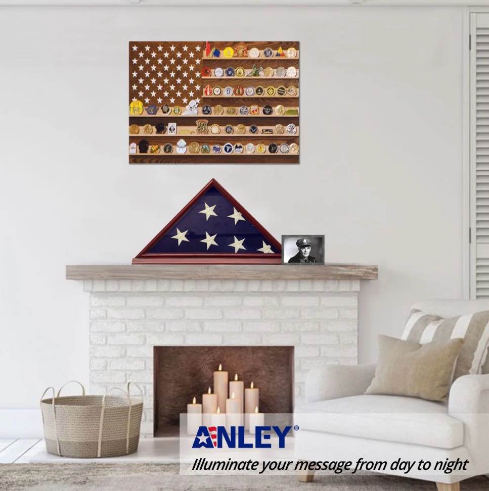anley solid wood memorial flag display case with base - real glass front - wall mounted burial flag frame - american veteran usa 5  x9.5  folded flags shadow box