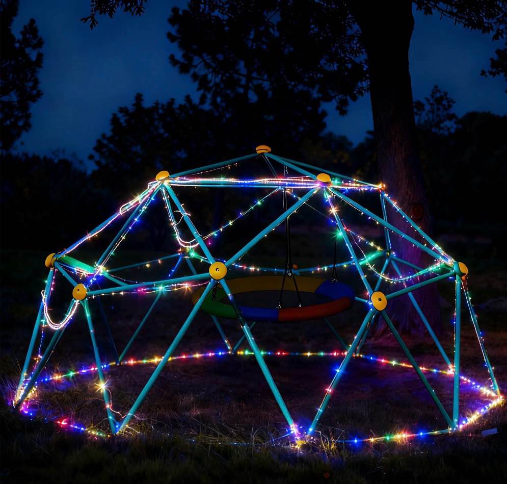 Condition photo showing Good Condition for 10ft climbing dome with saucer swing and led string light,fashionsport outfitters kids outdoor jungle gym geometric climber domer outdoor play toddler set for ages 3-12, supports up to 880lbs