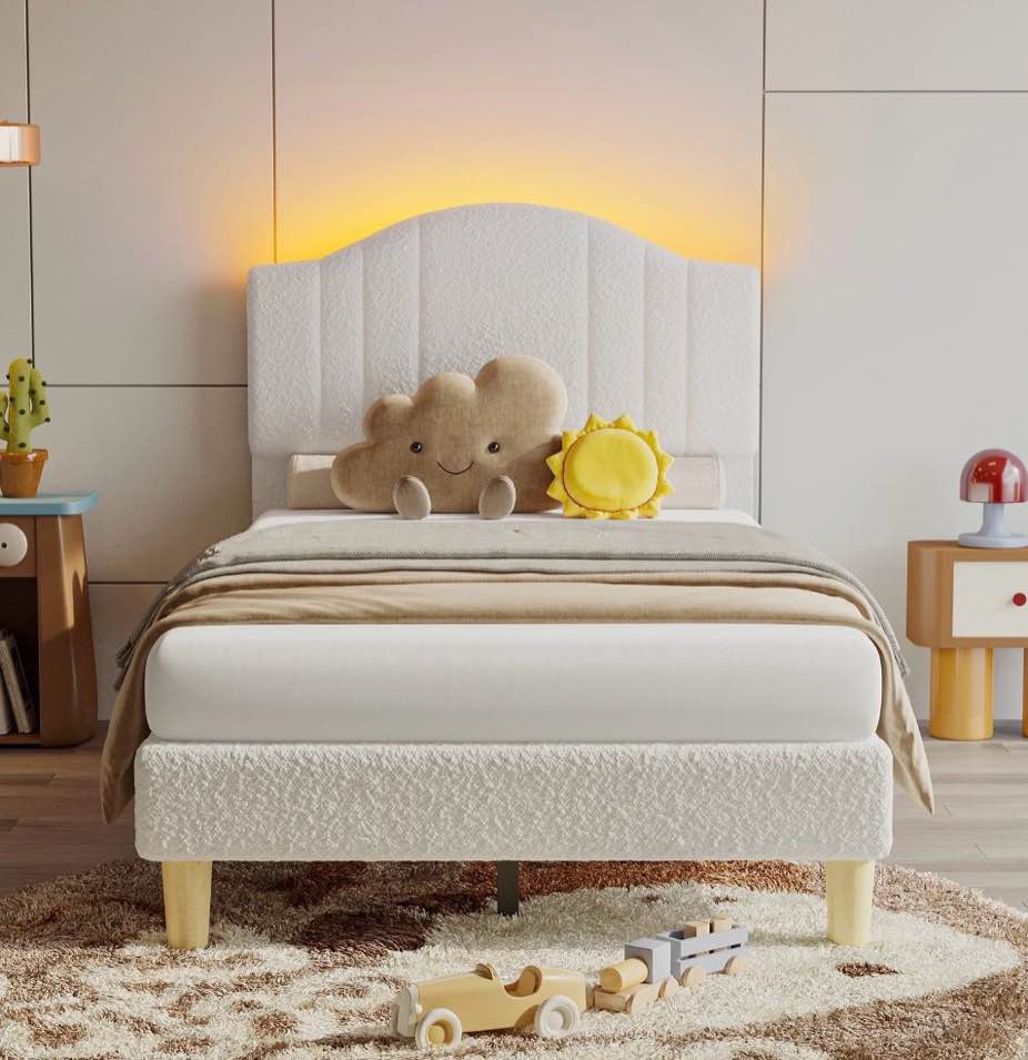 pinmoco twin upholstered bed frame with adjustable arc-shaped headboard, led platform bed, teddy velvet white
