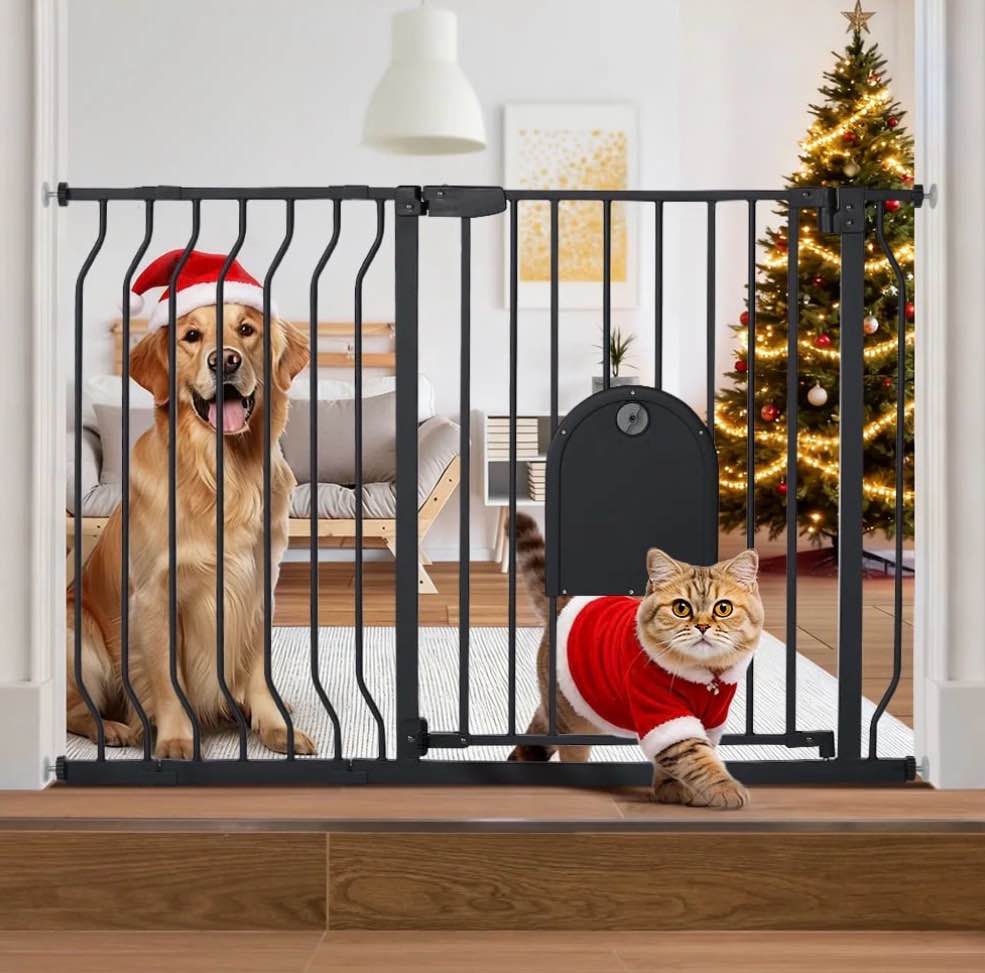 caveen 29.5-48.4" wide pet safety gate with cat door pressure mount, black