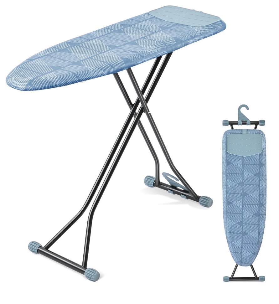 kk kingrack ironing board  iron board full size with hanger & rotating nonslip feet  7 level height adjustable  43x13 in  blue