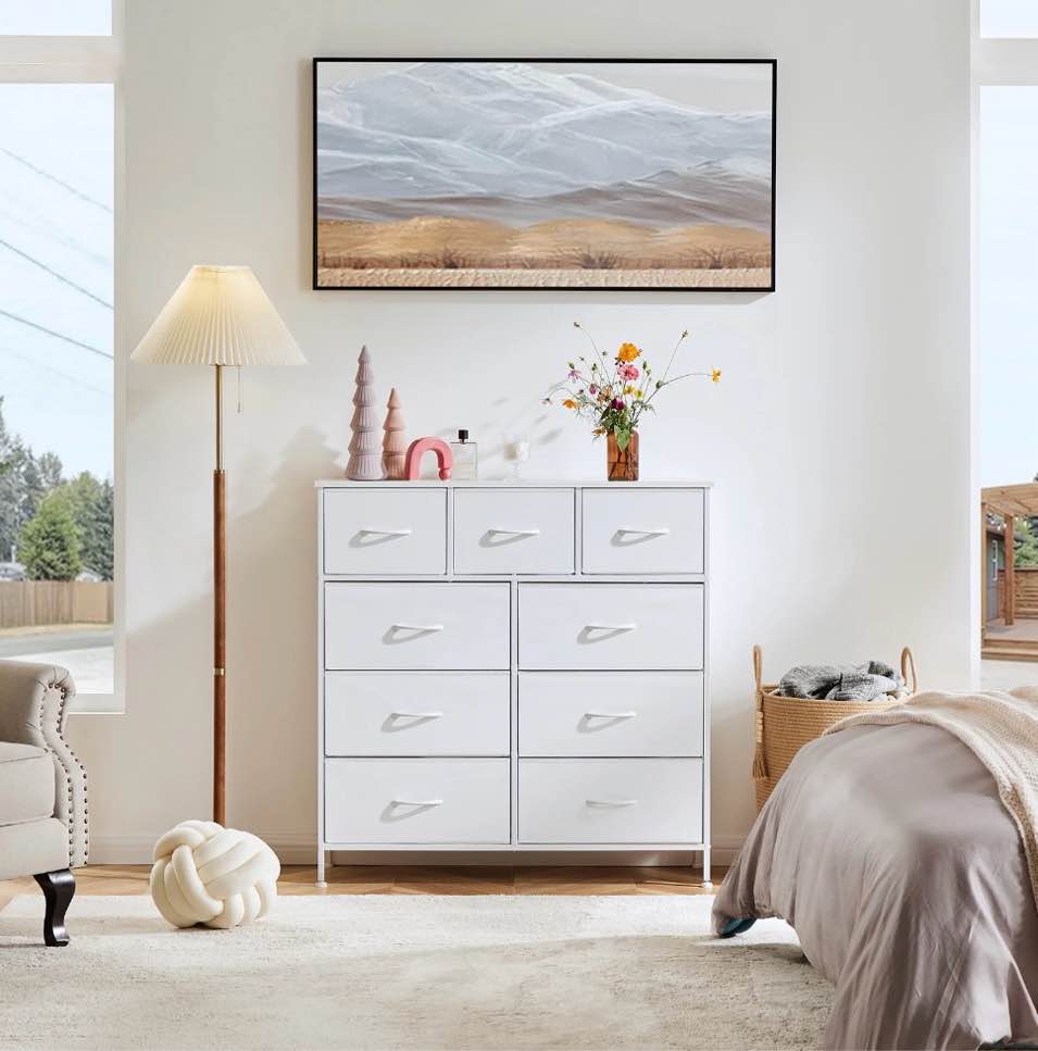 Condition photo showing New/Like New for edx fabric storage dresser with 9 drawers, steel frame and wooden top for bedroom, closet and entryway , white