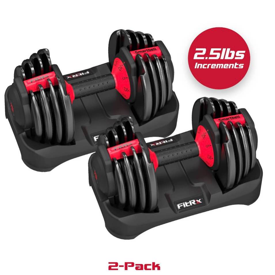 fitrx smartbell 2-pack  two 25lbs. quick-select 9 in 1 adjustable dumbbell for home gym  5-25lbs. weight in 2.5lbs increments