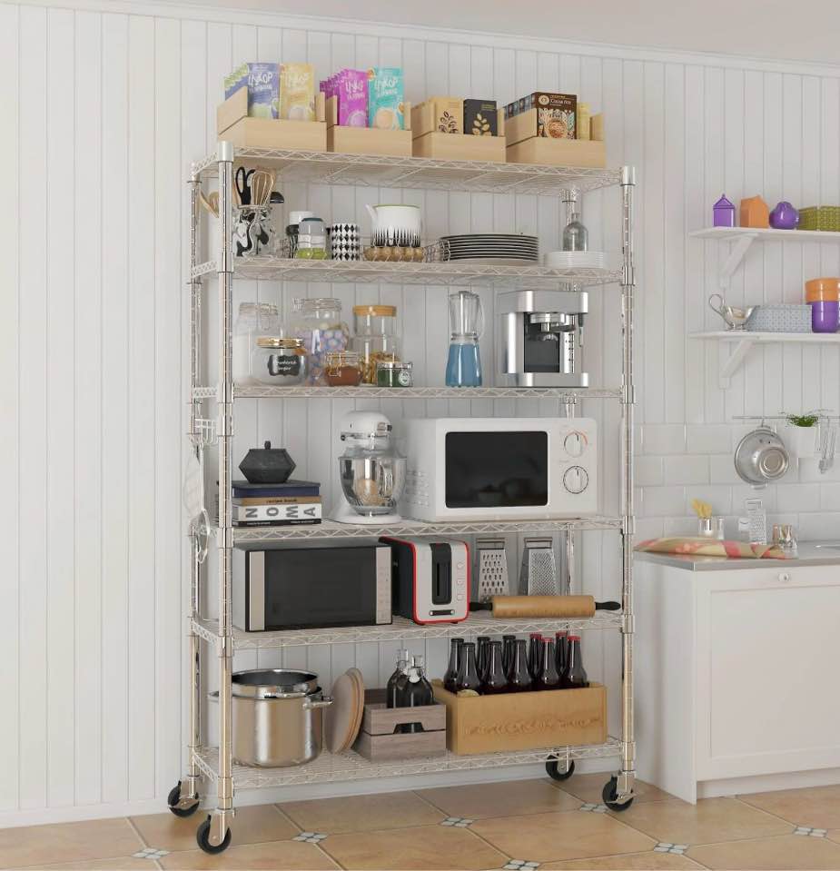 ktaxon 6 tier wire shelving with wheels 2400lbs capacity,  heavy duty storage rack for home garage, 46"w x 18"d x 82"h adjustable shelves, silver