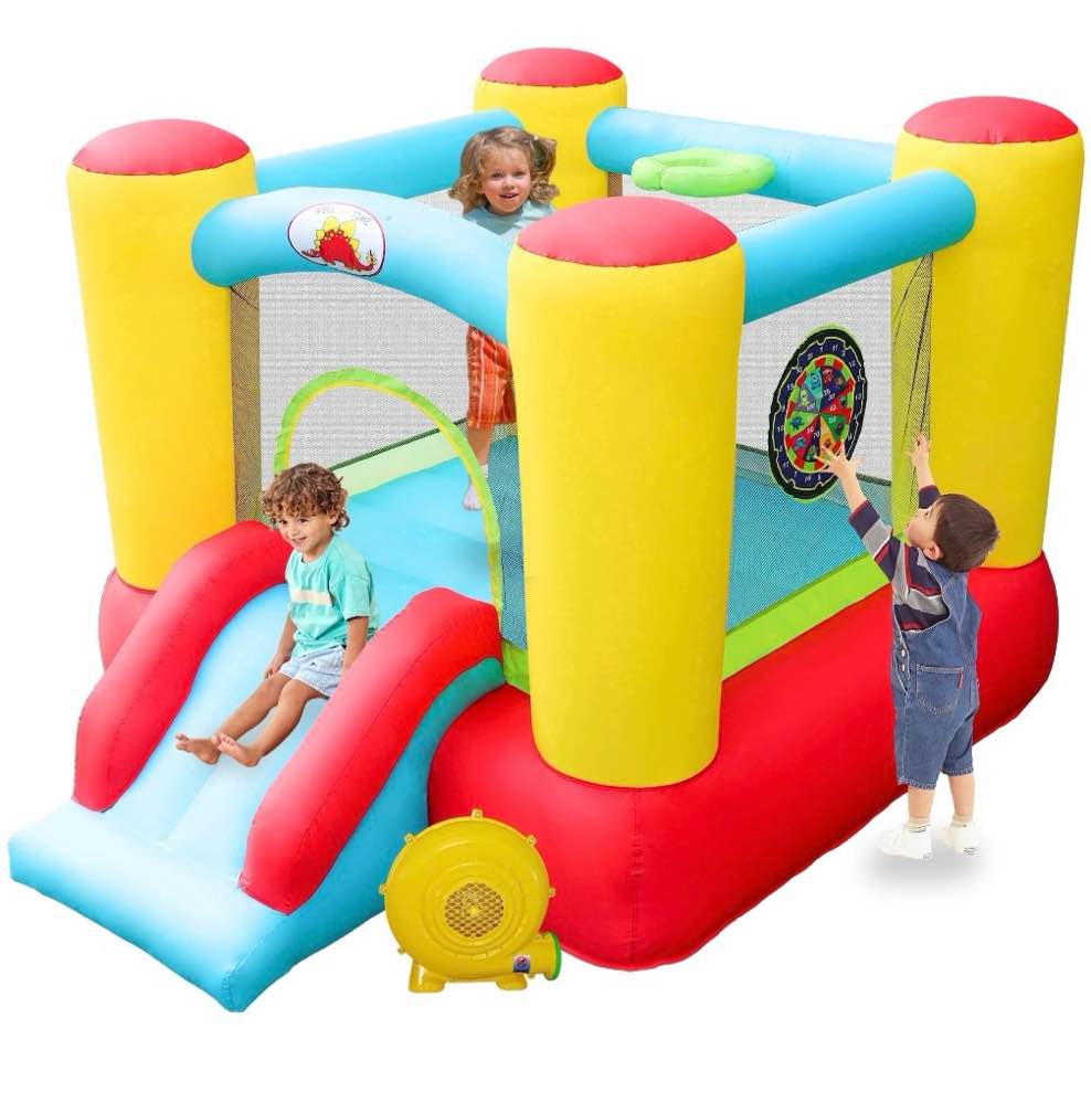 wellfuntime inflatable bounce house with blower, kids jumping castle with slide for indoor outdoor