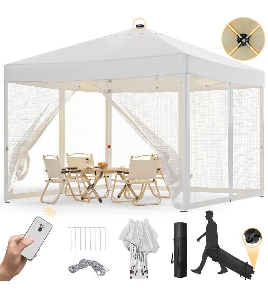 vecukty 10'x10' pop-up canopy tent with mesh sidewalls & led lights, instant outdoor shelter, white