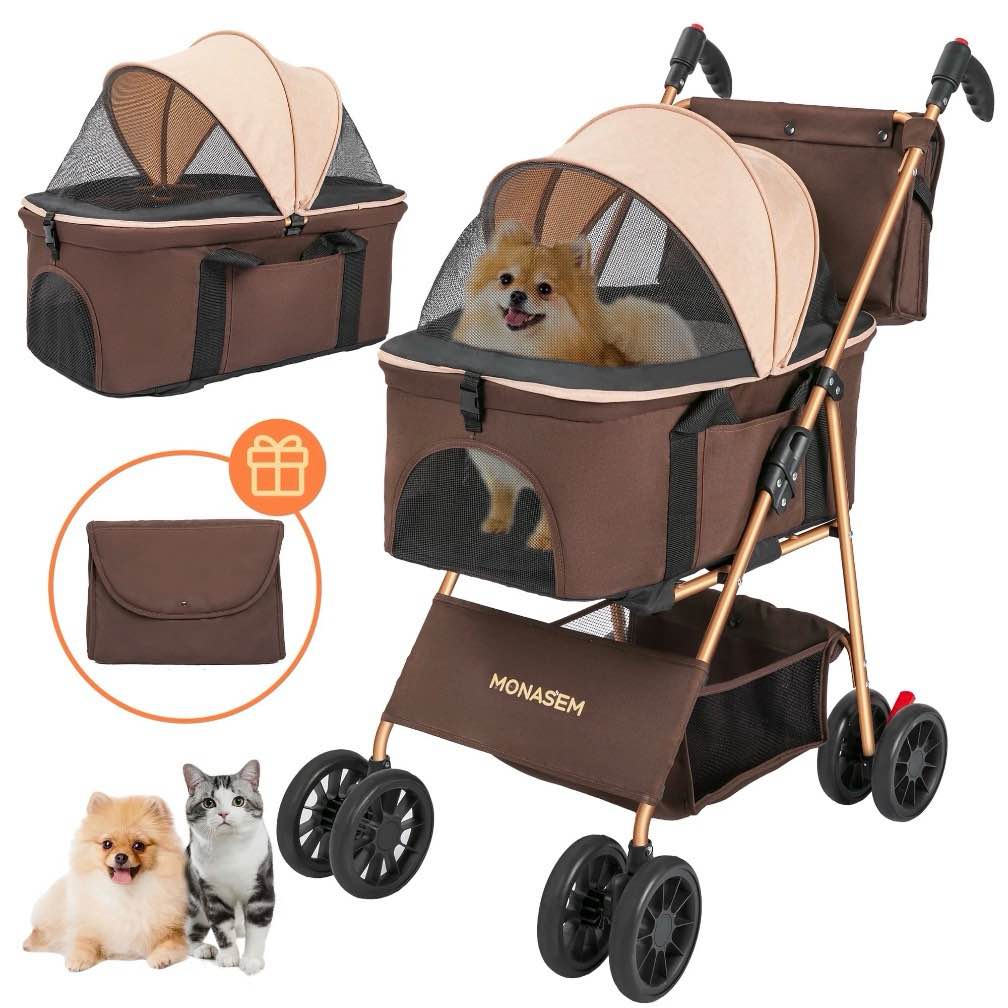 monasem 3 in 1 pet stroller 4 wheels foldable cat dog stroller with storage basket and canopy,detachable pets carrier,up to 60lbs, brown