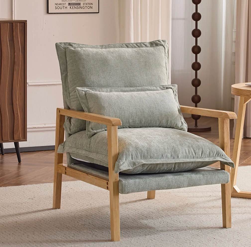 ktaxon chenille accent chair, solid wood armrests armchair, metal frame for stability, single sofa with comfortable cushions and lumbar pillow gray-green
