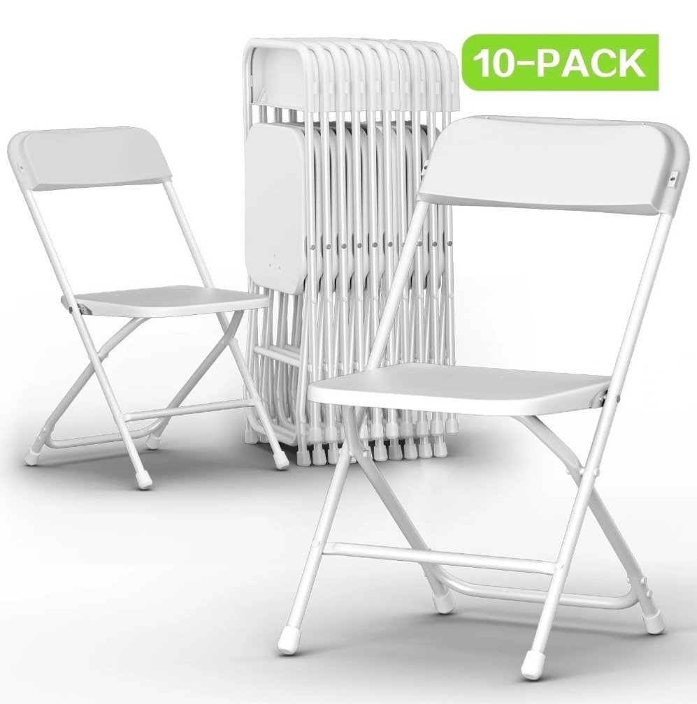capri white plastic folding chair 10 pack  350lb weight capacity portable stackable wedding party chair for indoor and outdoor  restaurant  meeting room  patio and garden