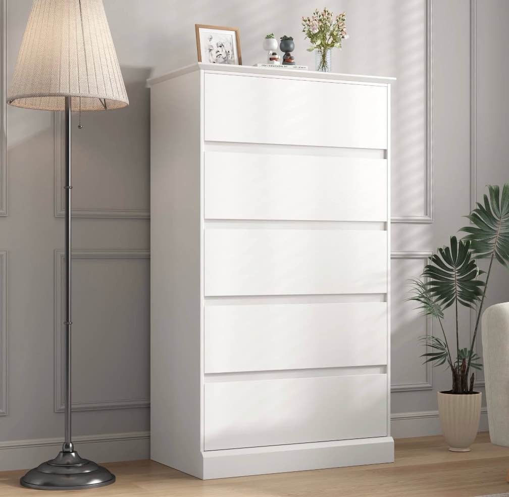 5 drawer dresser for bedroom, white tall chest of drawers wood storage cabinet for living room, hallway, entryway, guest room