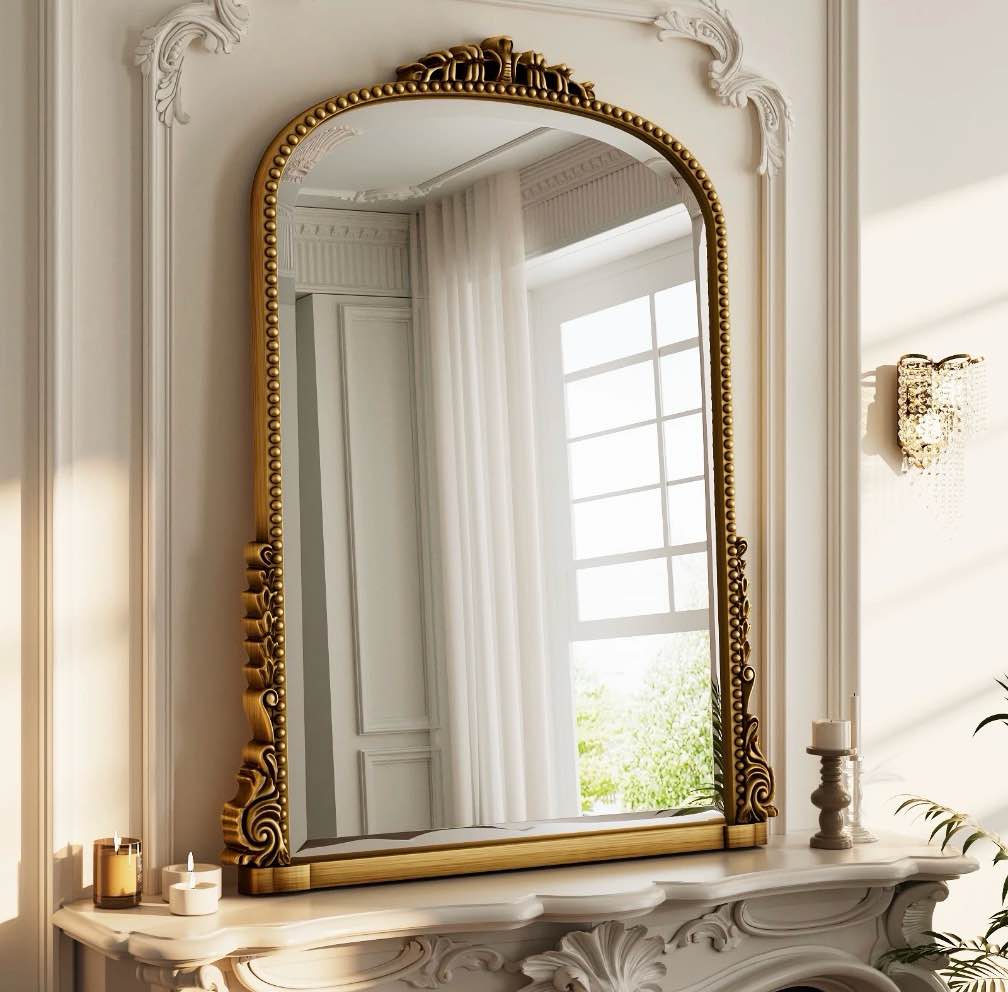 beautypeak 32"x 24" arched bathrom mirror wall mirror with antique frame,antique gold 24" x 32"