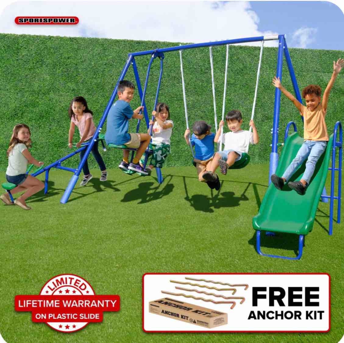 sportspower super swing and glide metal swing set with 2 person glider swing  teeter totter  2 blow molded swing seats  and 5  double wall slide with lifetime warranty