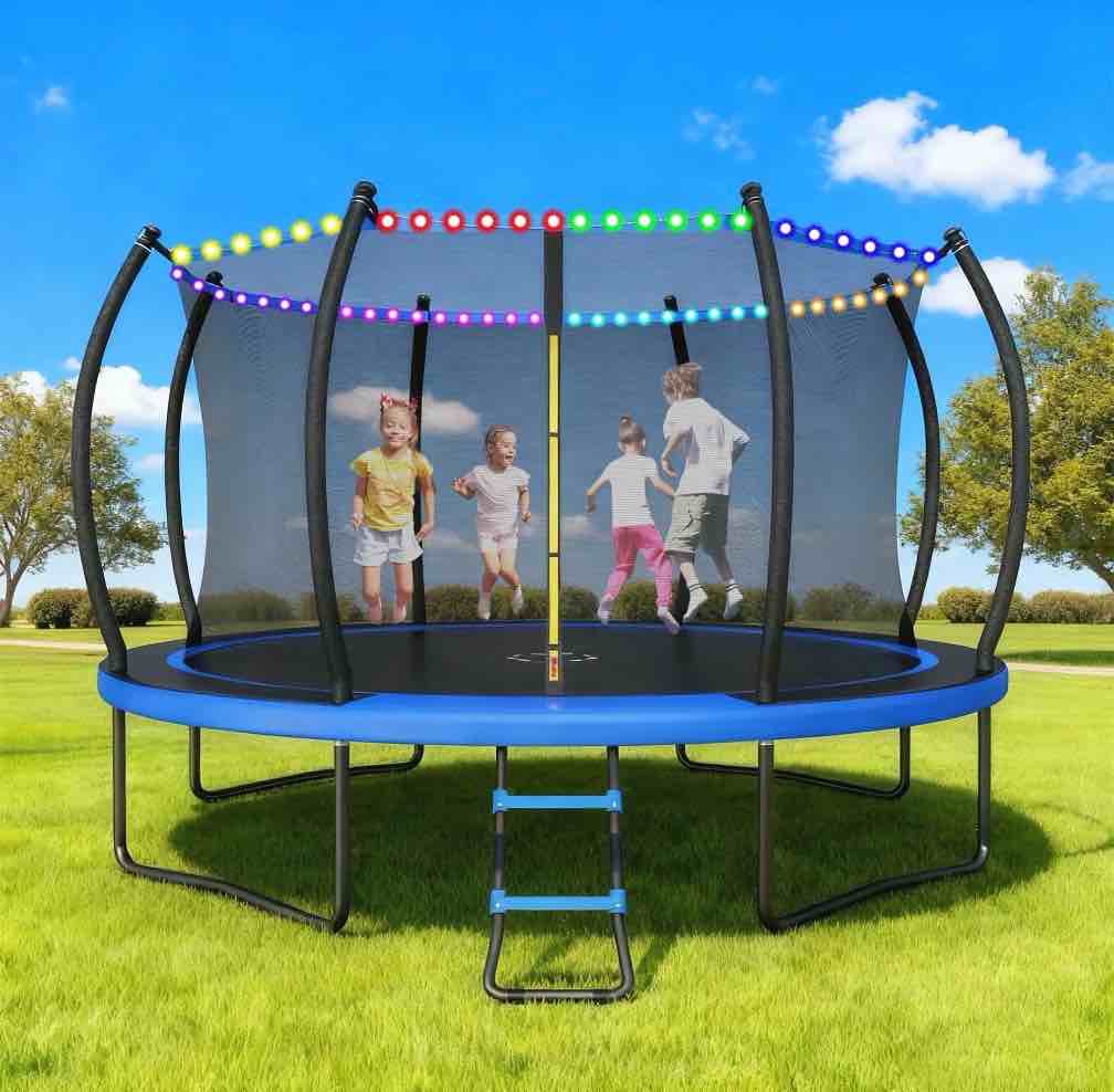 outdoor trampoline,fashionsport outfitters 14ft round trampoline with led lights, recreational backyard trampolines anti-rust for kids and adults with net and ladder