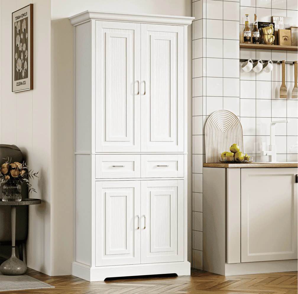 homfa 70.9   h kitchen pantry with 4 doors  2 drawer modern freestanding storage cabinet for dining room living room  white