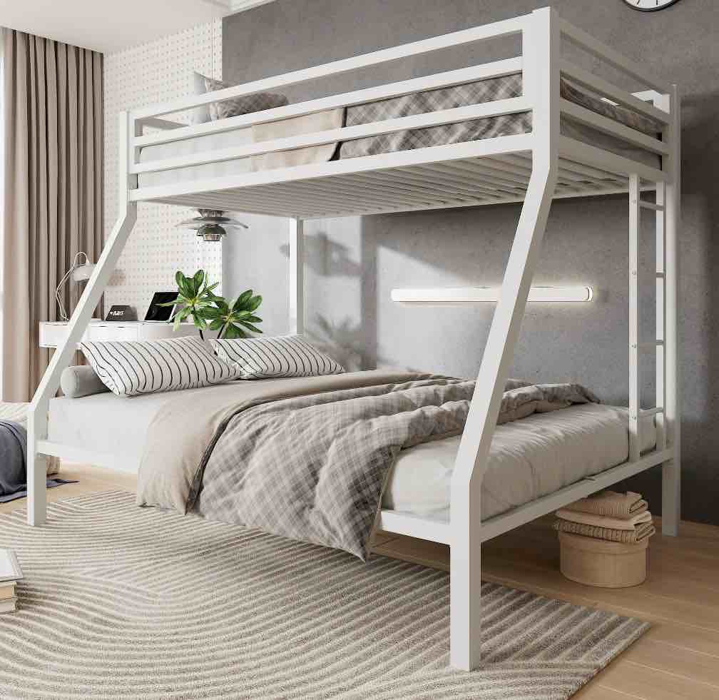 amolife twin over full size metal bunk bed with removable ladder  full-length guardrail  white
