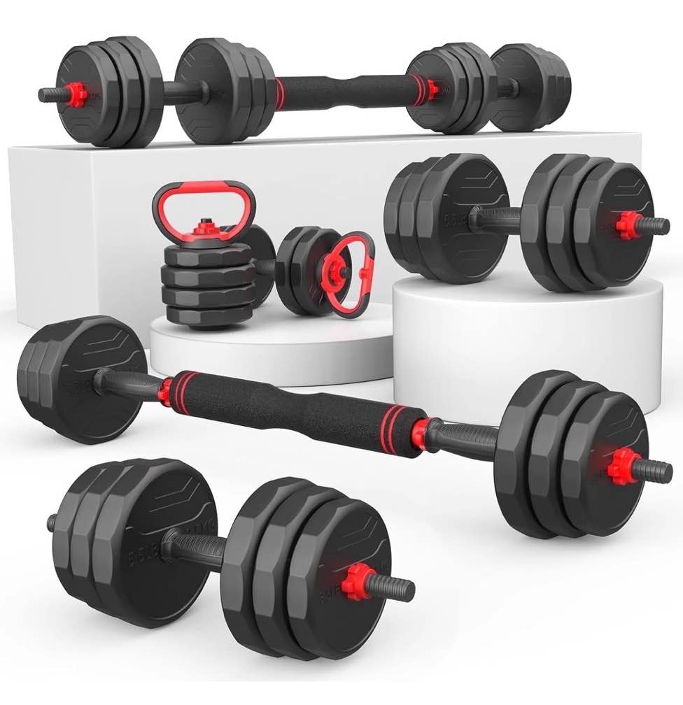 70lbs free weight set with connector, 5 in1 dumbbells set used as barbell, kettlebells, push up stand, fitness exercises for home gym suitable men/women