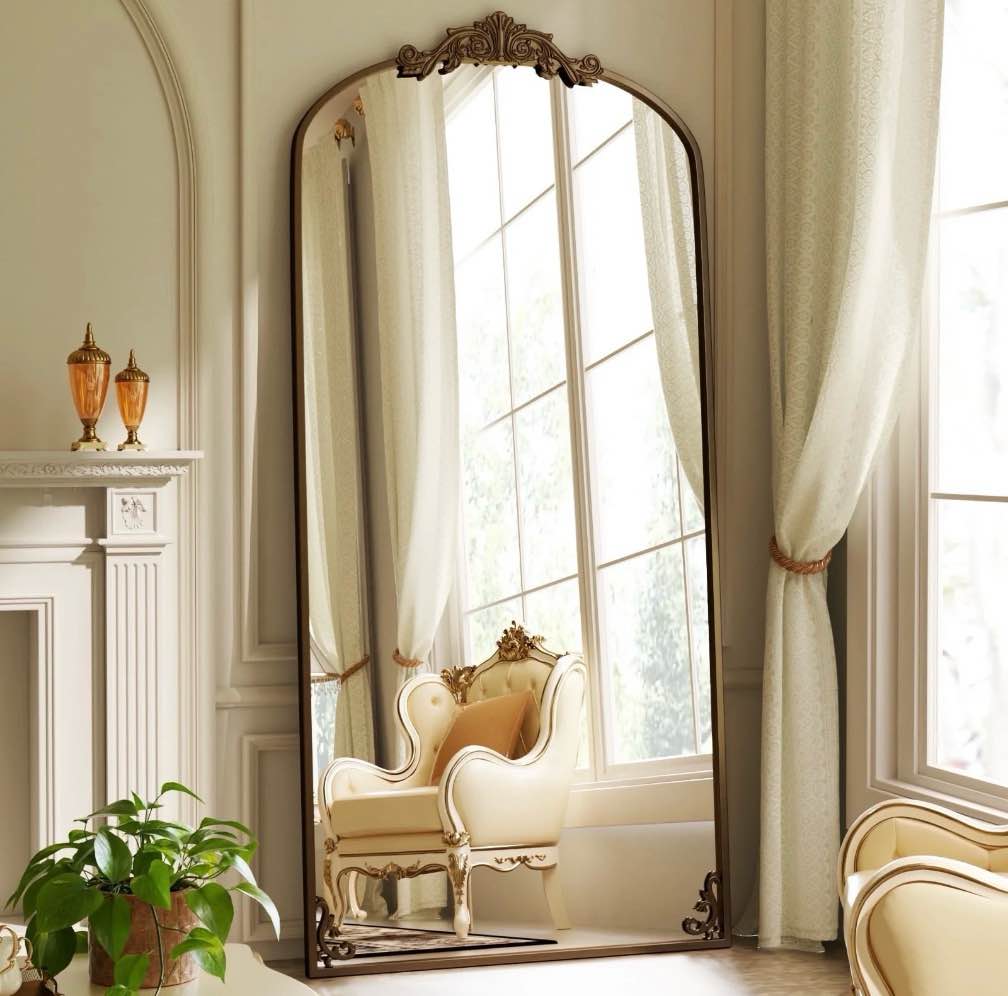 beautypeak 74"x32" full length mirror with baroque flower head design wall-mounted mirror,antique bronze