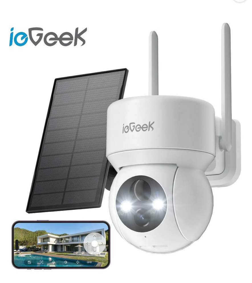 iegeek security cameras wireless outdoor, 2k wifi solar camera for home surveillance, 360 view ptz, battery powered, color night vision, motion sensor