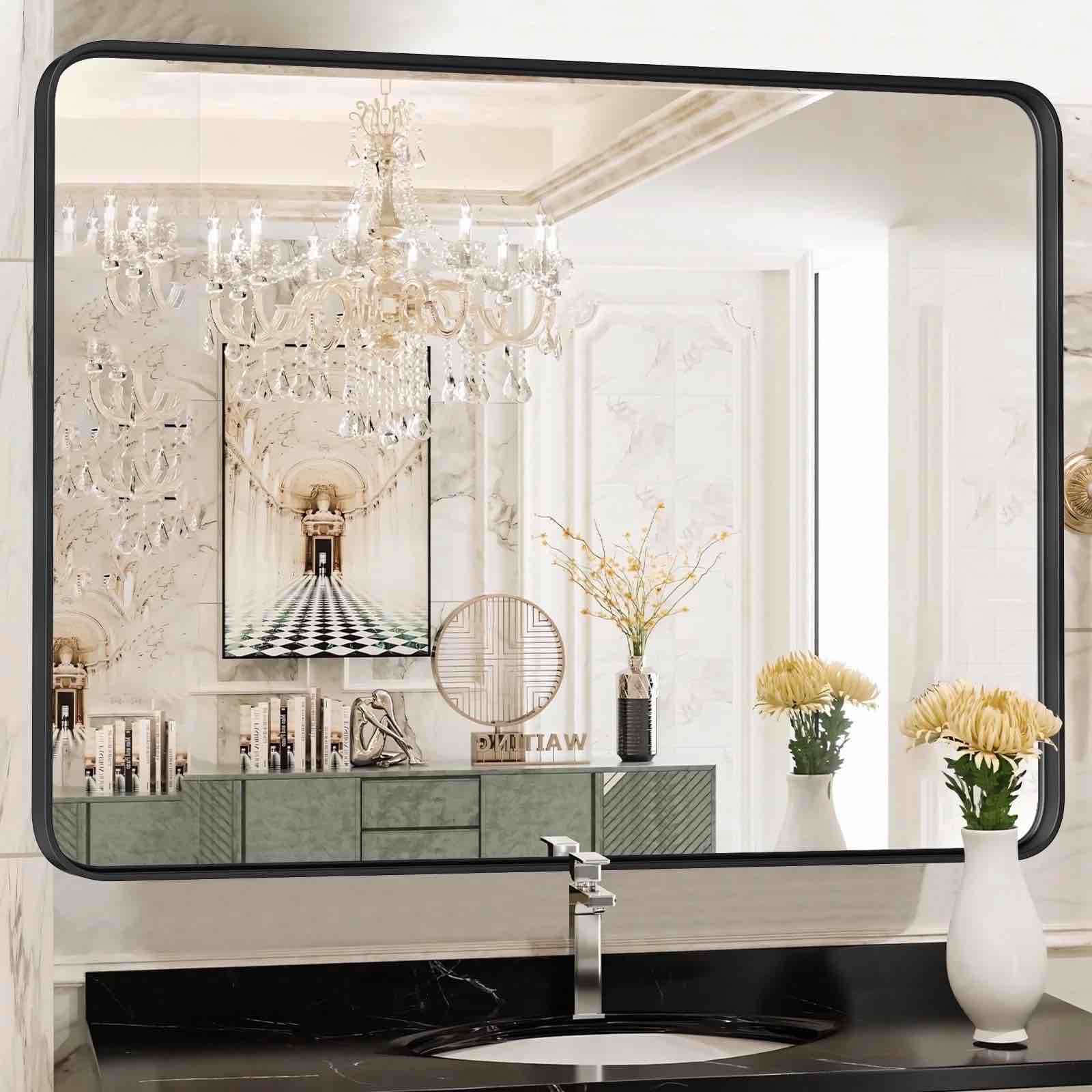 EDX Bathroom Mirror 40"x 30" Wall Mirror with Rectangular Metal Frame, Black