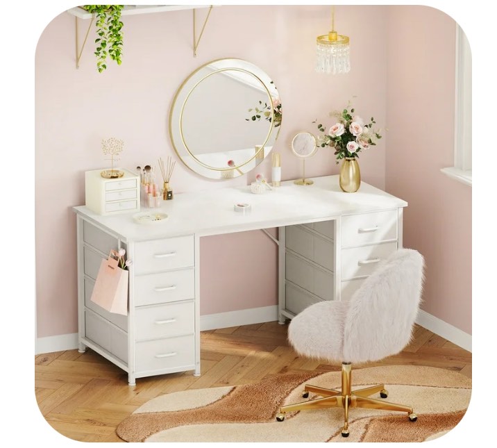 White Computer Desk with Drawers for Storage - 48 inch Home Office Desk with 8 Fabric Drawers, Writing Study Desk with Drawers on Both Sides for Bedroom