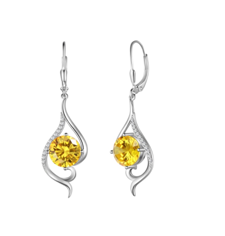 Juwaliy Women Dangle Earrings Citrine November Birthstone Sterling Silver Leverback Earrings Yellow CZ Tail Jewelry Christmas Valentine Birthday Mother's Day Gift for Her