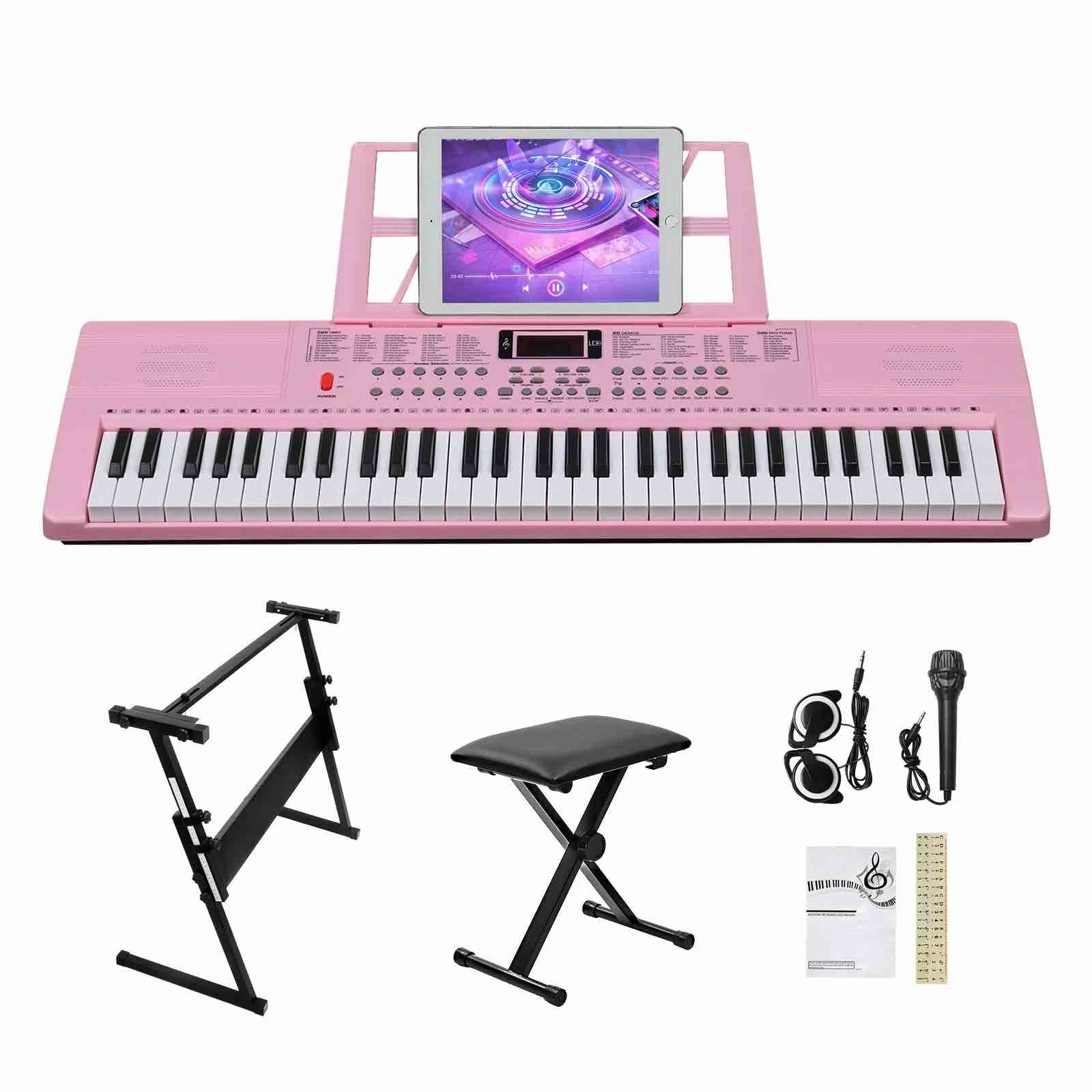 Glarry 61 Keys Keyboard Piano with Stand, Bench, Built In Speakers for Beginners, Pink