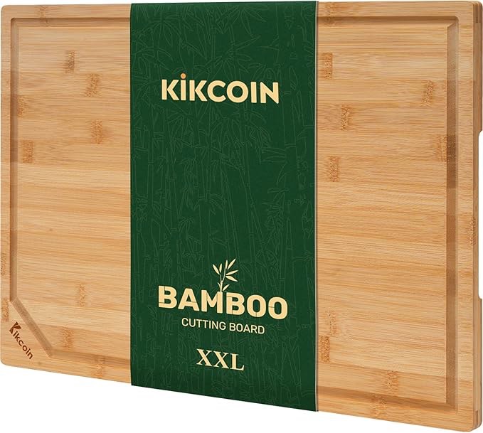 Bamboo Cutting Boards for Kitchen, Extra Large Wood Cutting Board with Deep Juice Groove and Handle Heavy Duty Chopping board, Kikcoin
