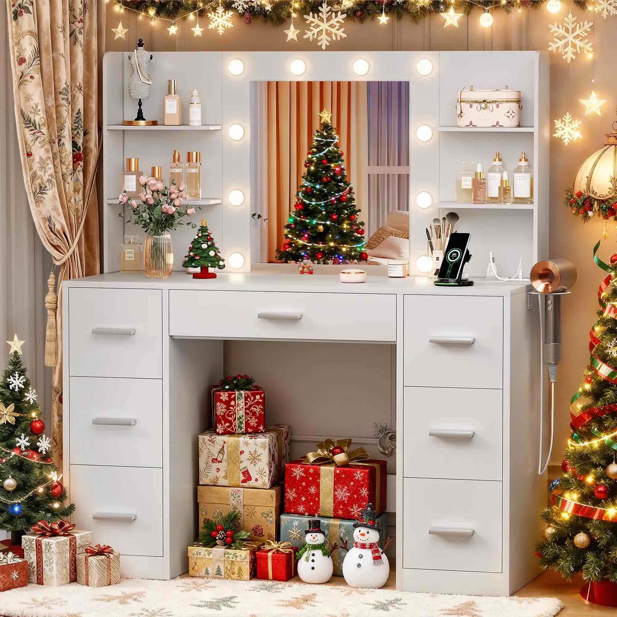 Furmax Makeup Vanity with Mirror and Drawers Vanity Desk Set with 3 Modes Adjustable Brightness Lights and USB Power Outlet, White