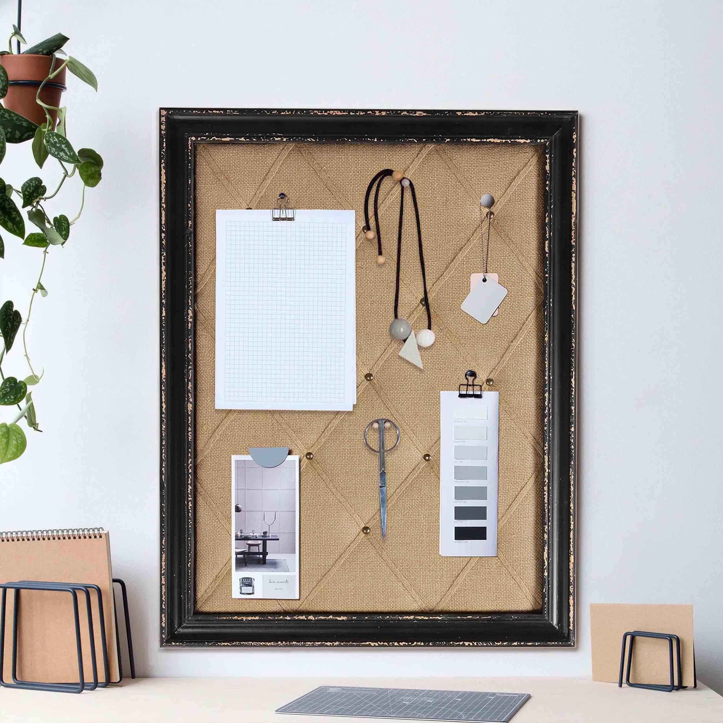 SOFE Vision Board Linen Bulletin Board Black Frame, 21"×27" Pin Boards Large Cork Boards for Walls, Rustic Message Board Decorative Memo Boards, Wall Mounted Display Picture Board for Home