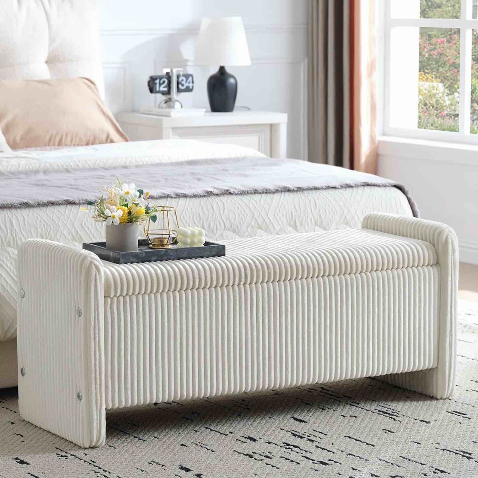 Pinmoco 44" Storage Ottoman Bench, Upholstered Entryway Bench with Storage End of Bed Bench for Bedroom& Living Room, Corduroy Beige