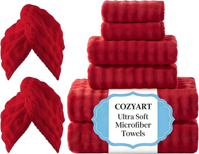 COZYART Lint Free Towel Sets 8 Pcs Pink, Super Soft, Thick, Absorbent & Quick Dry Microfiber 3D Bubble Bathroom Daily Use Set with 2 Bath Towels, 2 Hair Towels, 2 Hand Towels, 2 Washcloths