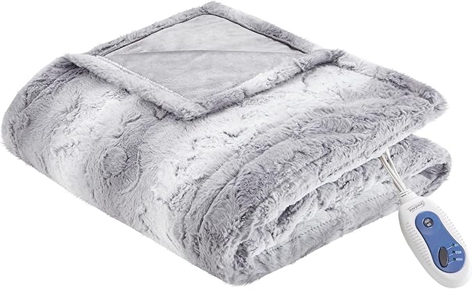 beautyrest zuri reversible faux fur to mink electric blanket, auto shut off, virtually zero emf, multi heat setting, ul certified, machine washable, grey tip dye throw 50x70