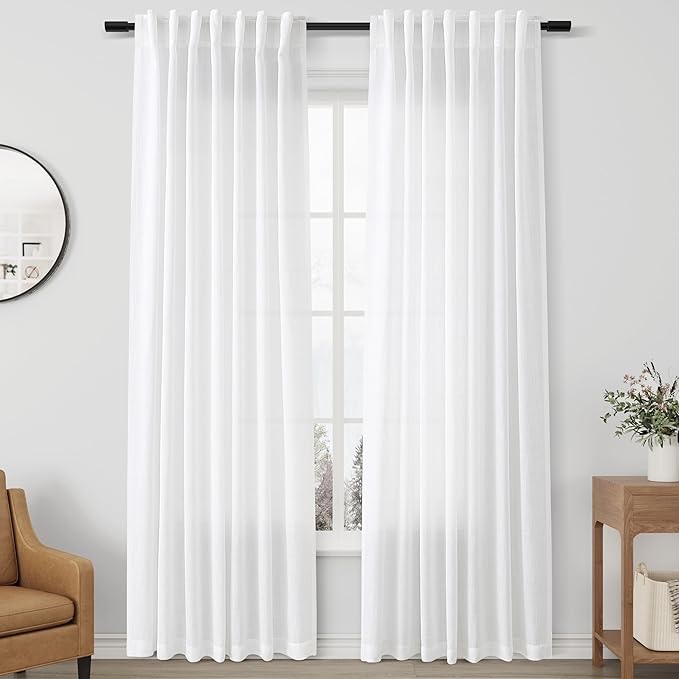 White Linen Curtains 84 inches Long for Bedroom Back Tab Light Filtering Privacy Sheer White Curtains Modern Farmhouse Coastal Decor White Cotton Textured Gauze Curtain for Living Room 2 Panels