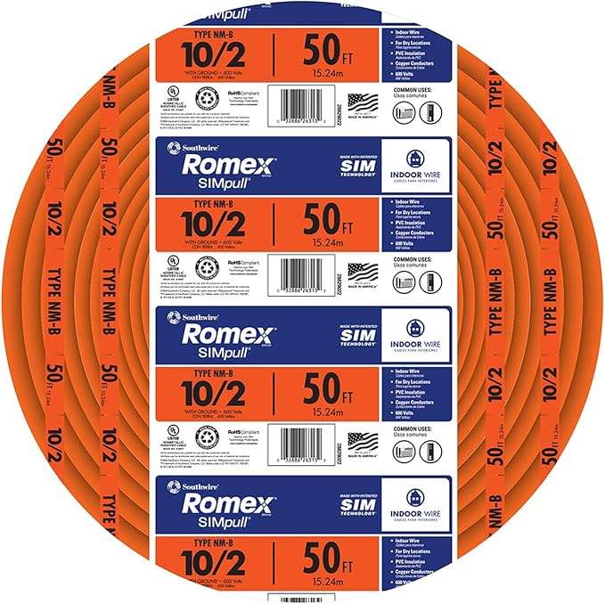 Southwire Romex Brand Simpull Solid Indoor 10/2 W/G NMB Cable 50ft coil - SW# 28829022