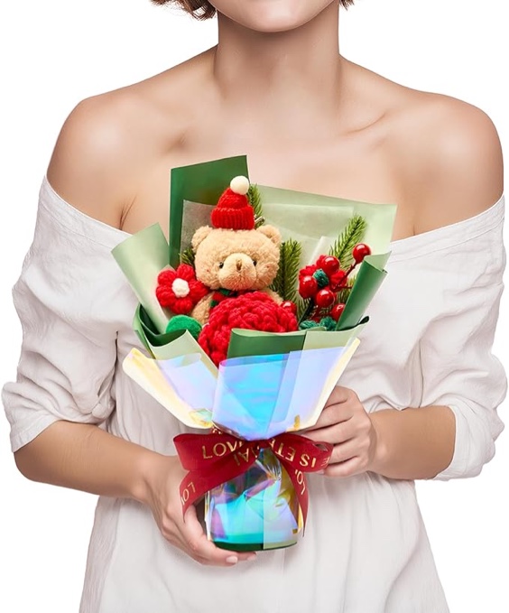 Lizzton Christmas Crochet Flower Bouquet, Handmade Knitted Flowers with Rose Holly, for Lover Mother Women Family Friends, Lasting Holiday Home Decor