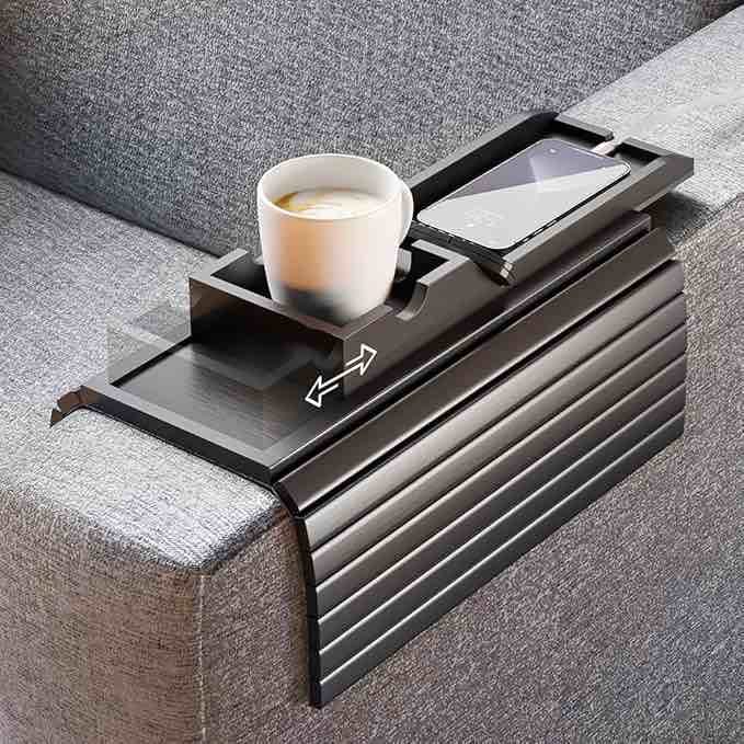 Bamboo Sofa Armrest Tray - Couch Arm Tray with Detachable Couch Cup Holder Tray - Anti-Slip Foldable Sofa Table Tray - Cup Holder Tray for Drinks Cup Cellphone Remote Snacks