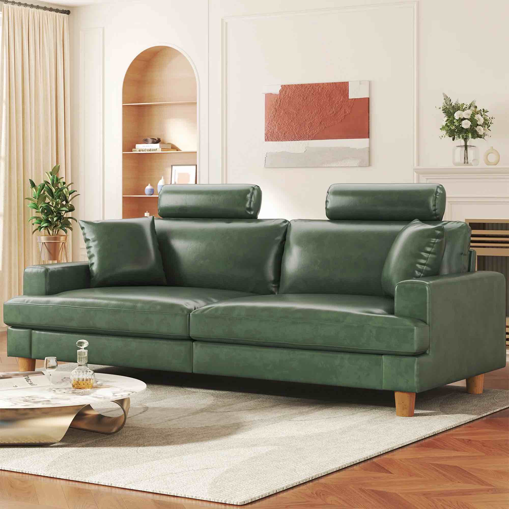 87" Couch Premium PU Leather Sofa with Headrest, Comfy 27" Extra Deep Seat 3 Seater Couch for Living Room, Includes 2 Pillows, Green