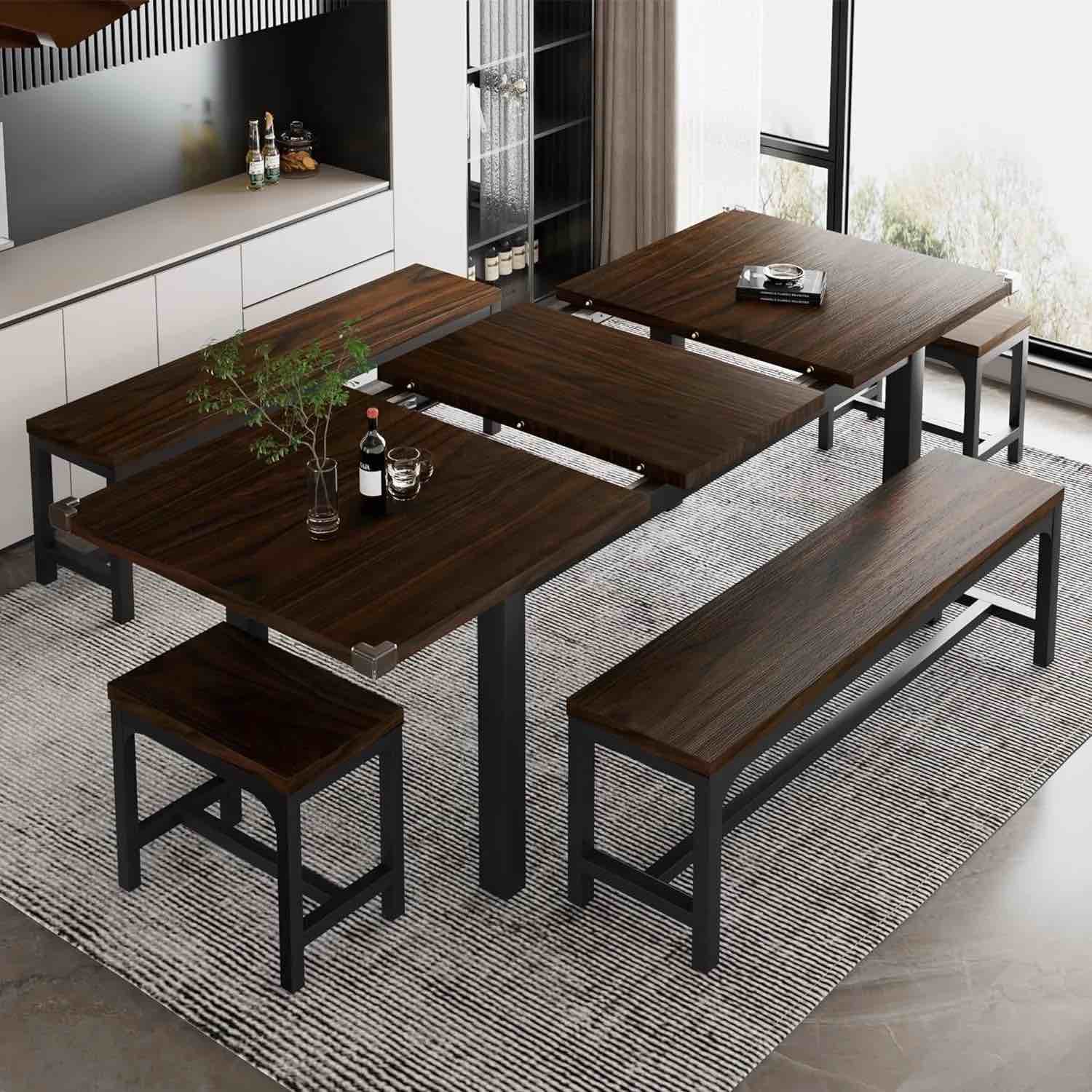 iPormis 5-Piece Dining Table Set for 4-8 People, Extendable Kitchen Table Set with 2 Benches and 2 Square Stools, Espresso