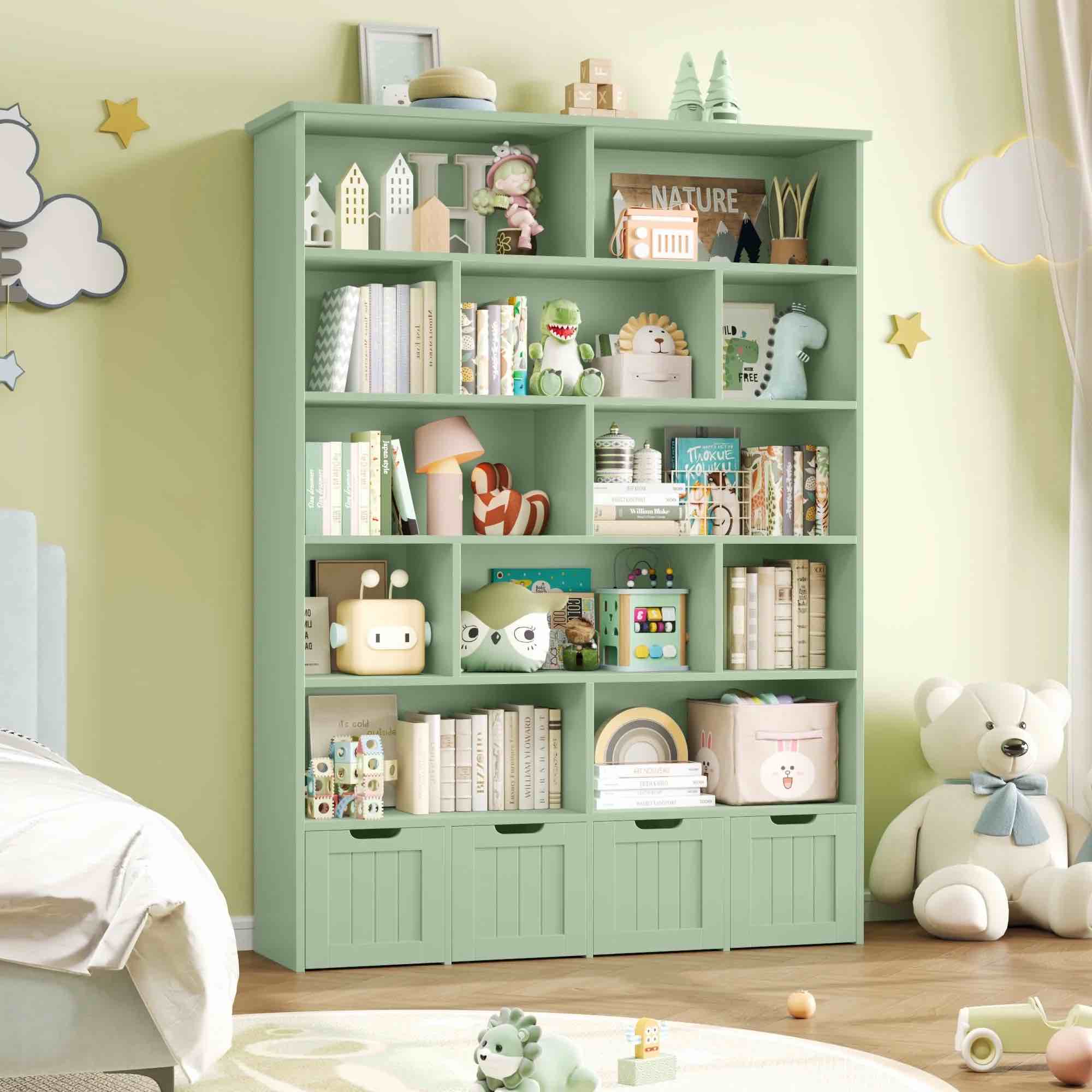 Homfa 68.9" Tall Toy Storage Organizer, 12 Storage Cubbies Bookcase with 4 Drawers for Playroom Living Room, Green